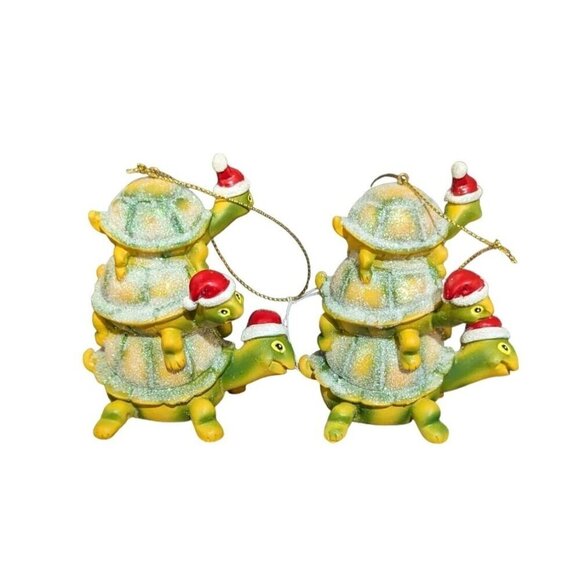Glittery stacked Turtle Christmas Ornaments With Santa Hats - Set Of 2 - Picture 4 of 9